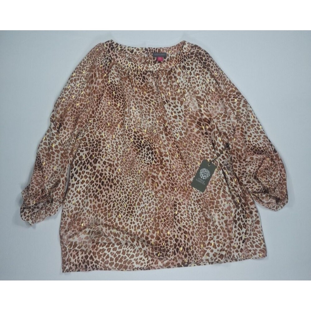 Vince Camuto Blouse XL NWT Leopard Animal Print Keyhole 3/4 Sleeve Mob Wife Boho